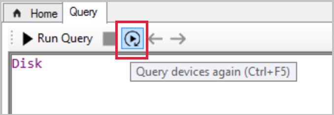 Schermopname van de knop Opnieuw queryapparaten met de knopinfo dat Ctrl + F5 een snelkoppeling is om clients te dwingen de gegevens opnieuw op te halen.