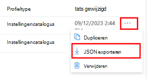 Schermopname van het exporteren van een catalogusbeleid voor instellingen als JSON in Microsoft Intune en Intune beheercentrum.