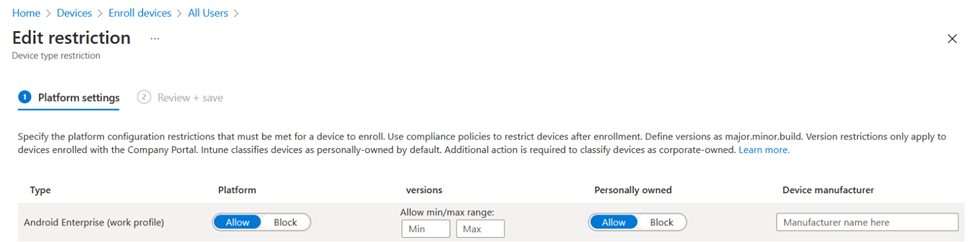 Schermopname van het beleid voor inschrijvingsbeperkingen voor Android-apparaten in het Microsoft Intune-beheercentrum.