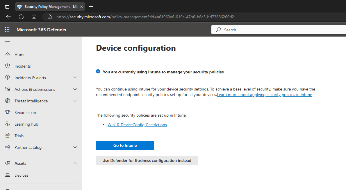 Schermopname van een scherm waarin de gebruiker wordt gevraagd om Intune te blijven gebruiken of over te schakelen naar de Microsoft Defender-portal.