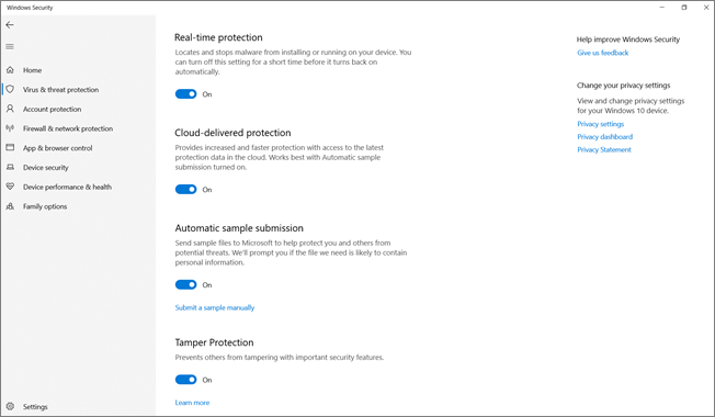 Tamperbeveiliging is ingeschakeld in Windows 10 Home.