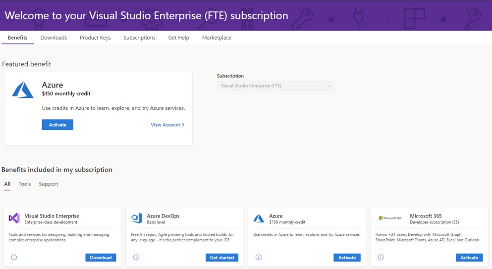 Screen shot of the Visual Studio page with the Microsoft 365 developer subscription tile