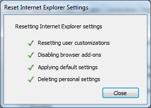 Schermafbeelding van de optie Sluiten in het venster Internet Explorer-instellingen opnieuw instellen in IE9.