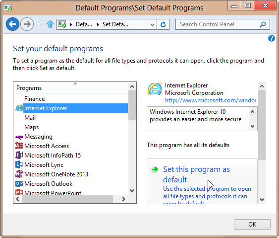 Schermafbeelding van het venster Standaardprogramma's instellen wanneer u Internet Explorer selecteert in de programmalijst.