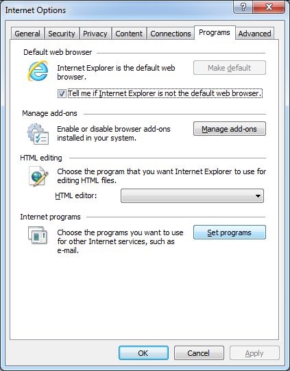 Schermafbeelding van de optie Programma's instellen in Internetopties in IE9.