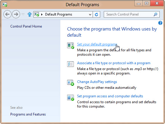 Schermafbeelding van de optie Uw standaardprogramma's instellen in het venster Standaardprogramma's.