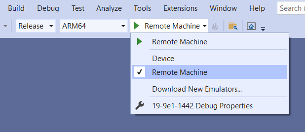 Selecteer 'Externe machine' als implementatiedoel in Visual Studio