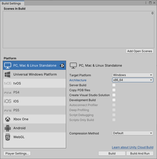 Schermopname van het venster Build Settings geopend in de Unity-editor met pc, Mac & zelfstandig platform gemarkeerd