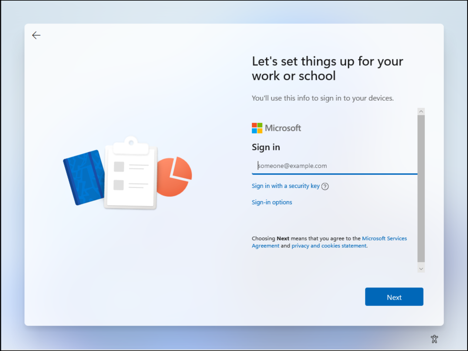Schermopname van out-of-box-ervaring van Windows 11 met de aanmeldingservaring.