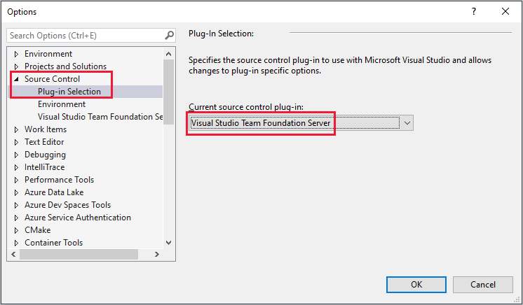 Screenshot of Plug-in Selection page, Options dialog box.