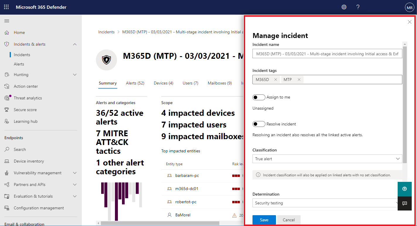 Het deelvenster Incidenten beheren in de Microsoft 365 Defender-portal