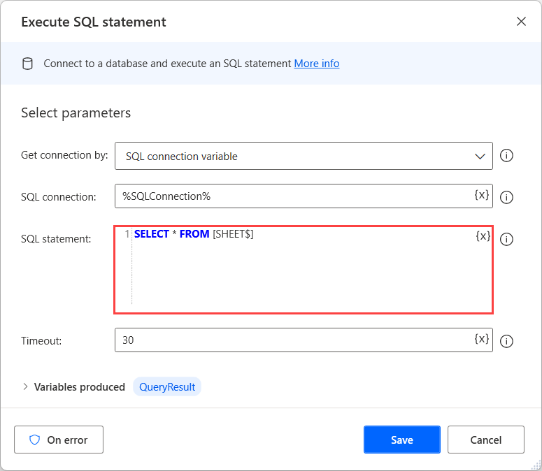 Schermopname van SQL-instructies uitvoeren, gevuld met een SELECT-query.