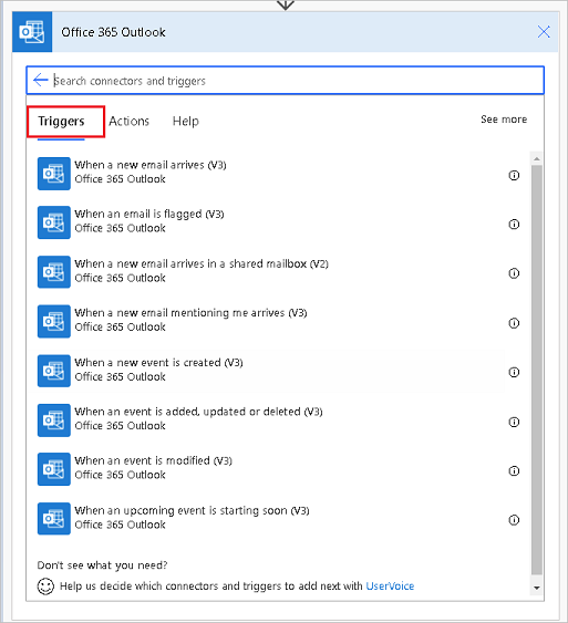 Schermopname van een deel van de Office 365 Outlook-triggers.