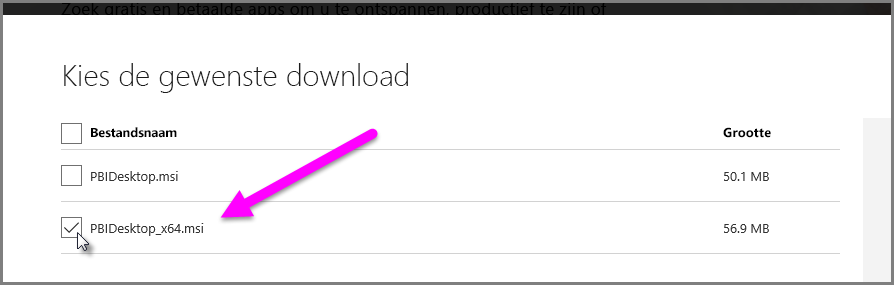 Screenshot that shows choosing the bit version of the Power BI Desktop download.