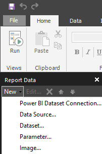 Screenshot of the New Data Source and Dataset options in the dropdown.