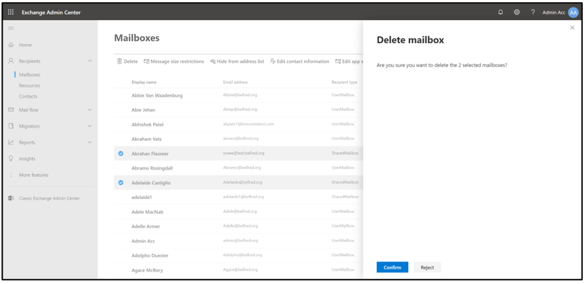Screen capture of deleting shared mailboxes.