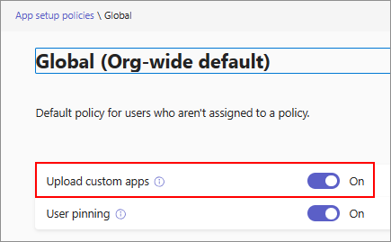 Screenshot showing the custom app option available in an app setup policy.