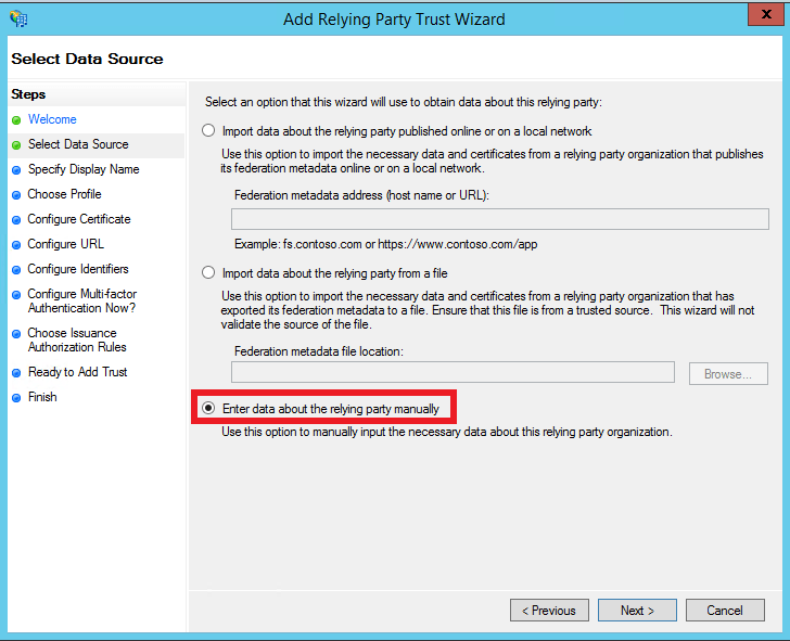 Add Relying Party Trust Wizard: Select Data Source