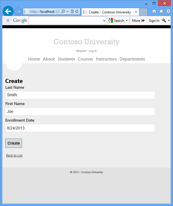 Screenshots that show the sample Contoso University web application's Students search page and Create New Student page.