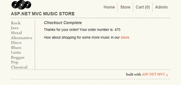 Screenshot of the confirmation screen that thanks the customer for their order and provides the order number.
