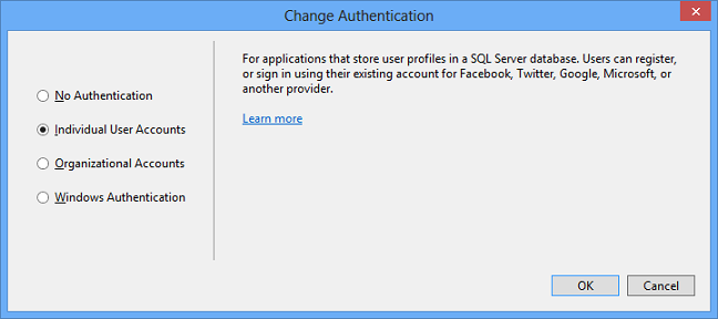 Screenshot showing the Change Authentication window with Individual User Accounts selected.