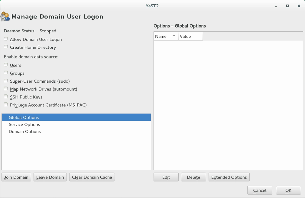 Example screenshot of the Manage Domain User Logon window in YaST
