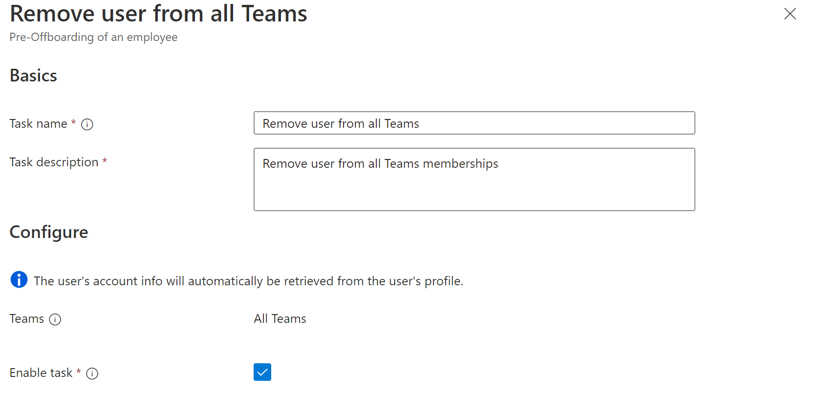 Schermopname van de taak Werkstromen: gebruiker verwijderen uit alle teams.