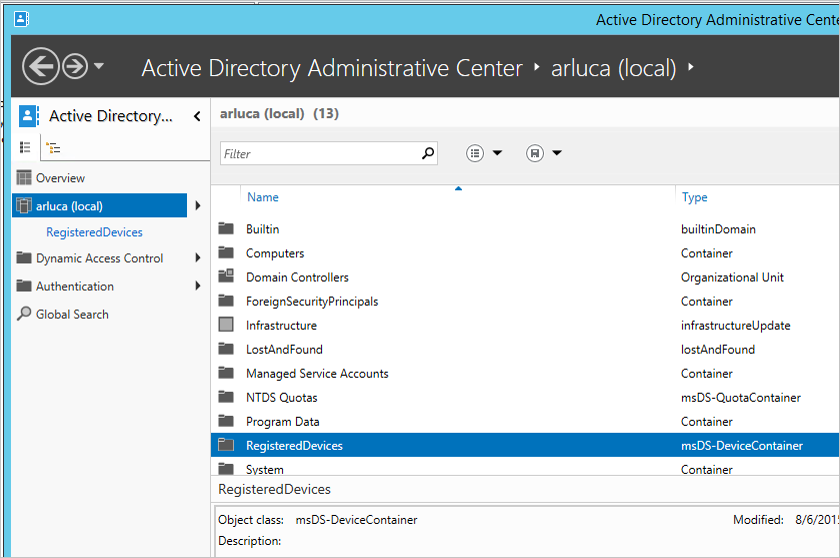 Active Directory Admin Center Registered Devices