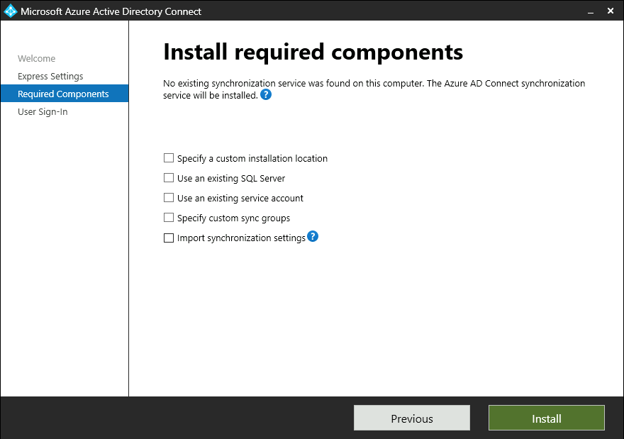 Screenshot showing optional selections for the required installation components in Azure AD Connect.