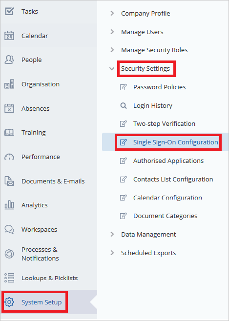 Screenshot shows the Cezanne H R Software tenant with Security Settings and Single Sign-On Configuration selected.