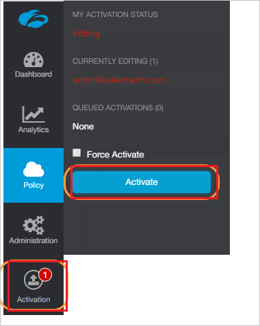 Activation menu and Activate button