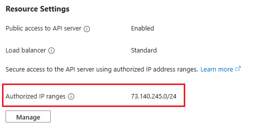 In deze schermopname ziet u de bestaande geautoriseerde IP-netwerkinstellingen van de clusterresource op de pagina Azure Portal.