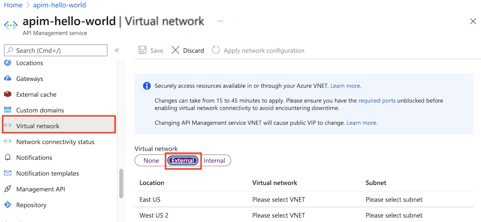 Selecteer VNet in Azure Portal.