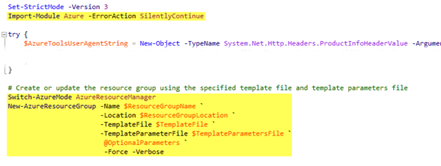 Shows the pertinent code in the script that you need use to deploy the template file with the parameter file.