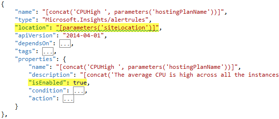 Shows the location and isEnabled properties in the CPUHigh appInsights JSON code and the values you should set them to.