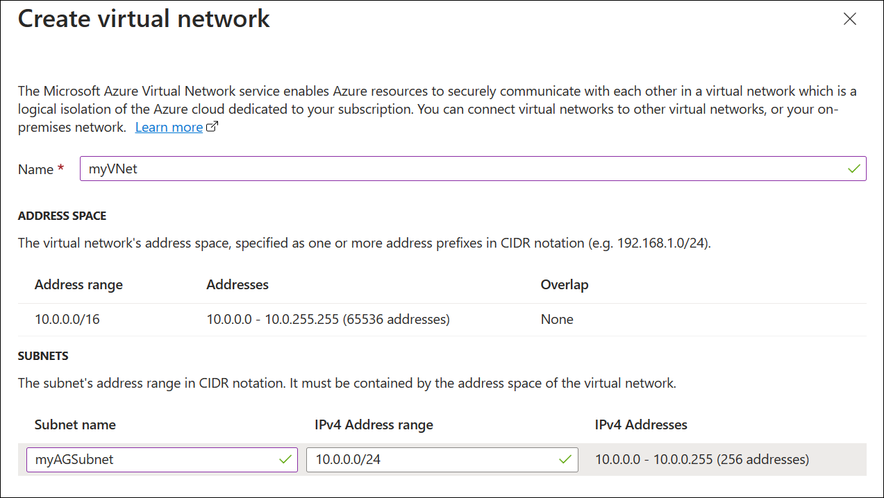Nieuwe toepassingsgateway maken: virtueel netwerk