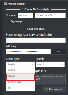 Screenshot: Sample Labeling tool dropdown prebuilt model selection menu.