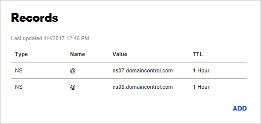 Voorbeeld van een pagina met DNS-records