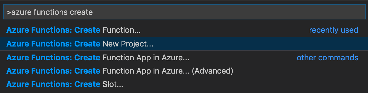 Schermopname van het opdrachtenpalet van Visual Studio Code. De opdracht getiteld 'Azure Functions: Nieuw project maken...' is gemarkeerd.