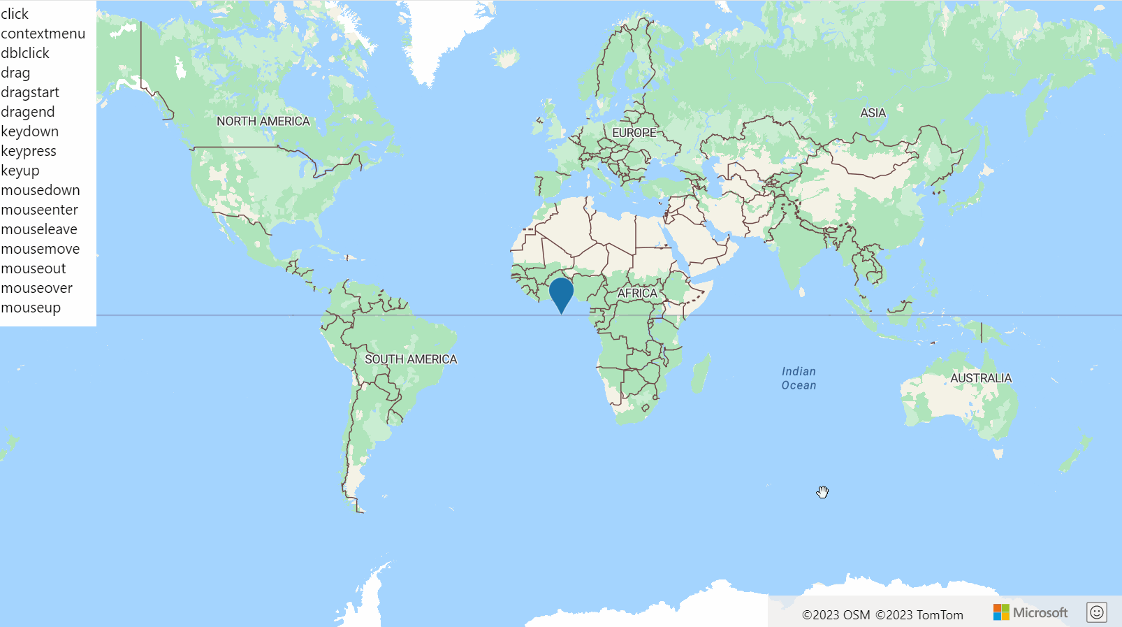 Schermopname van een kaart van de wereld met een HtmlMarker en een lijst met HtmlMarker-gebeurtenissen die groen worden gemarkeerd wanneer die gebeurtenis wordt geactiveerd.