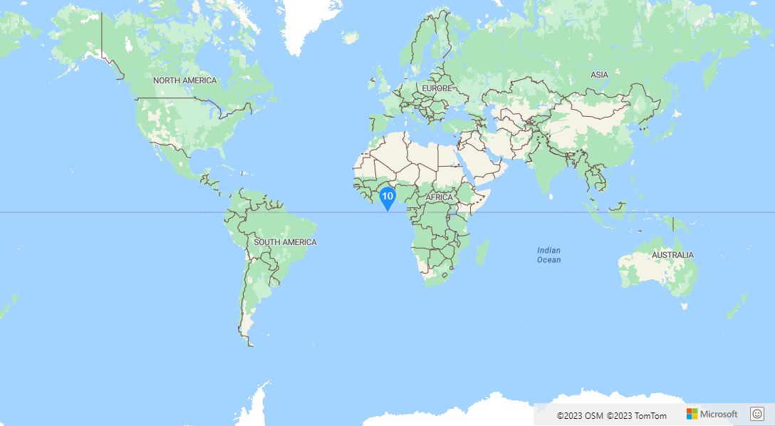 Schermopname van een kaart van de wereld met een eenvoudige HtmlMarker.