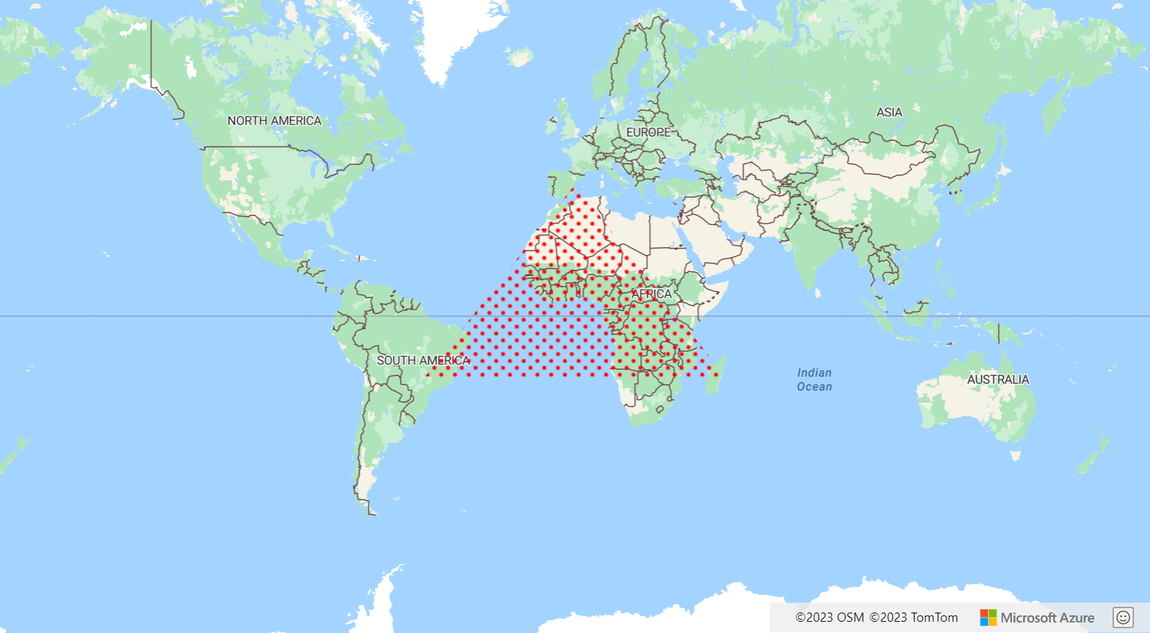 Een schermopname van een kaart van de wereld met rode stippen die een driehoek vormen in het midden van de kaart.