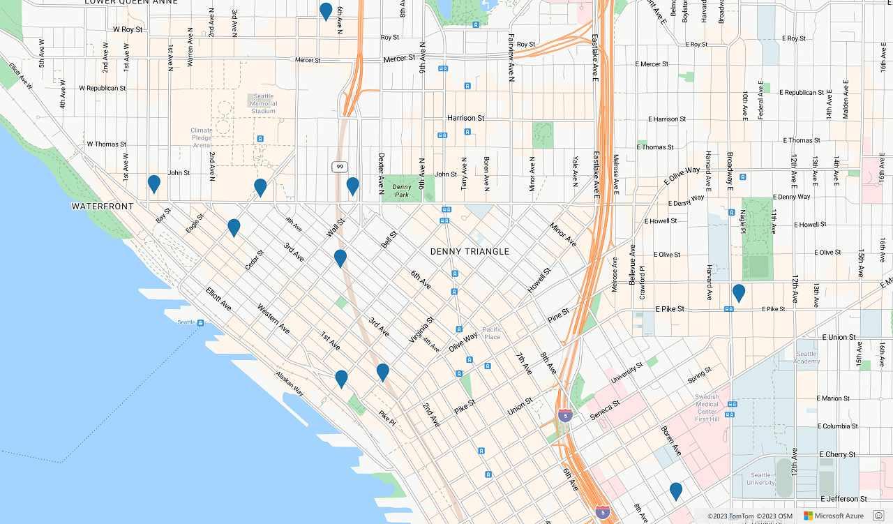 A screenshot of search results showing gas stations near Seattle.