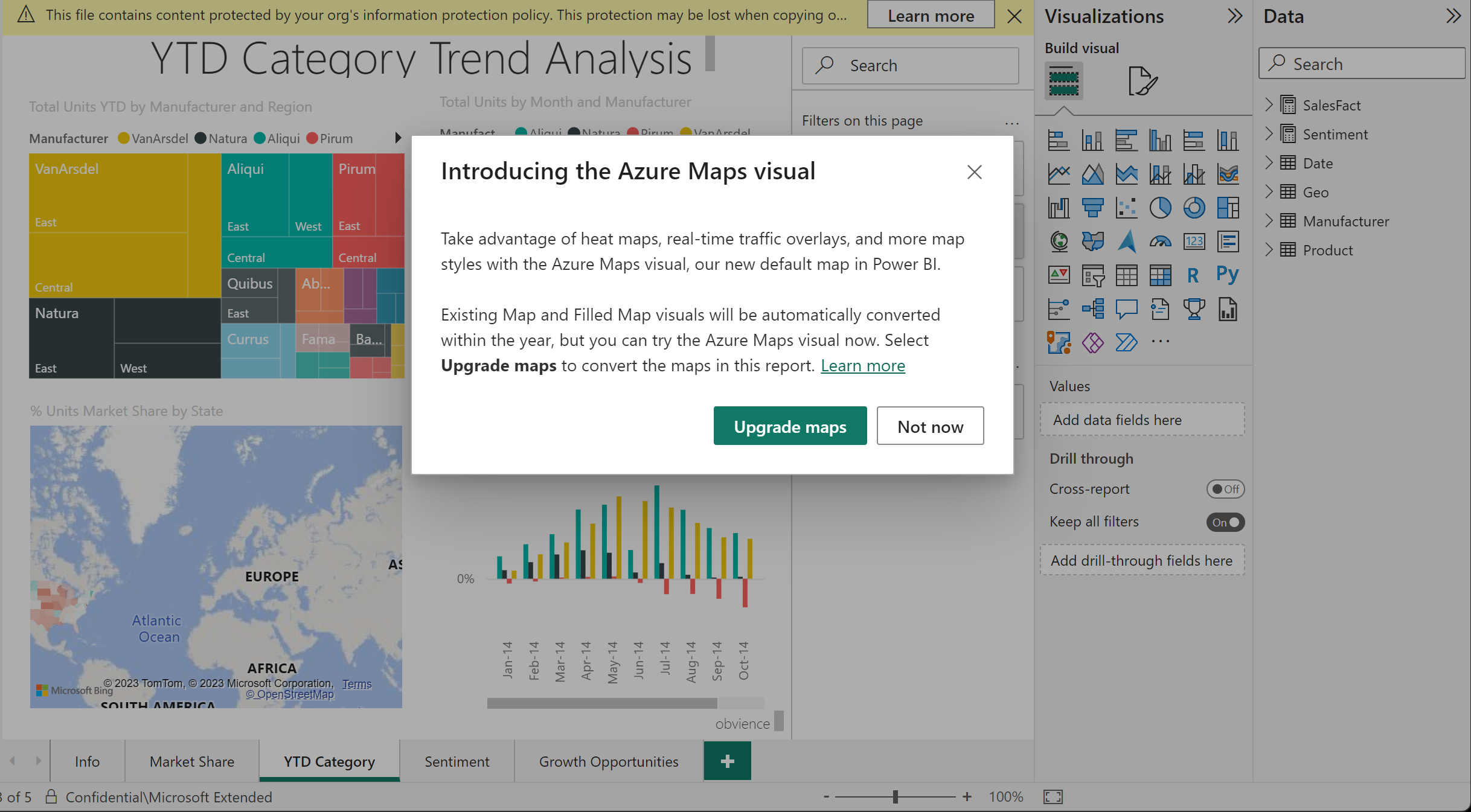 Schermopname van de optie voor het upgraden van kaarten naar de Azure Maps-visual.