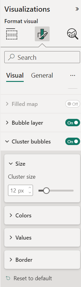 A screenshot showing the format visual options for a cluster bubble layer.