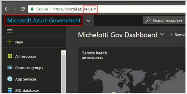 Schermopname van de Azure Government-portal waarin portal.azure.us als URL wordt gemarkeerd.