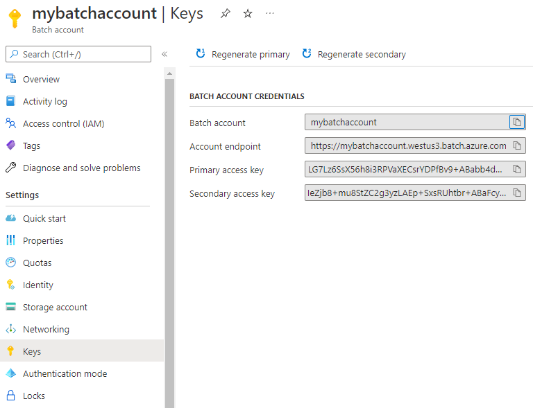 Schermopname van Batch-accountsleutels in Azure Portal.