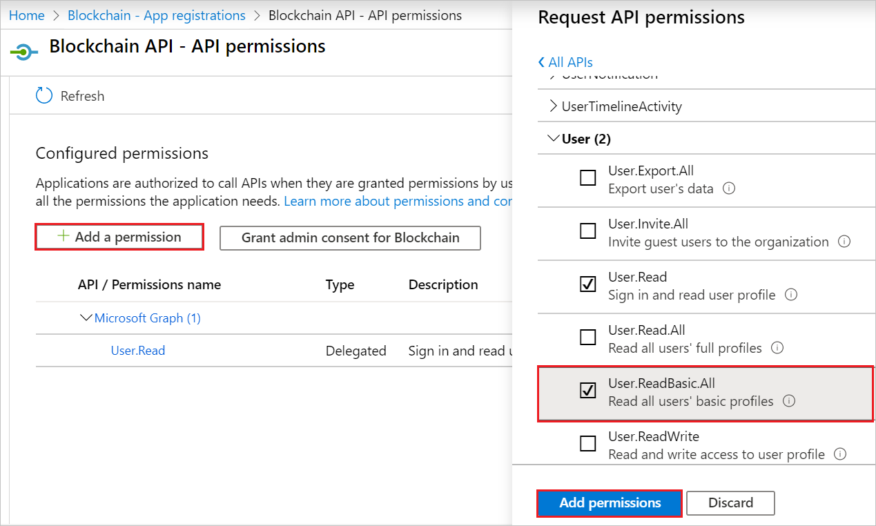 Azure AD app registration configuration showing adding the Microsoft Graph User.ReadBasic.All delegated permission