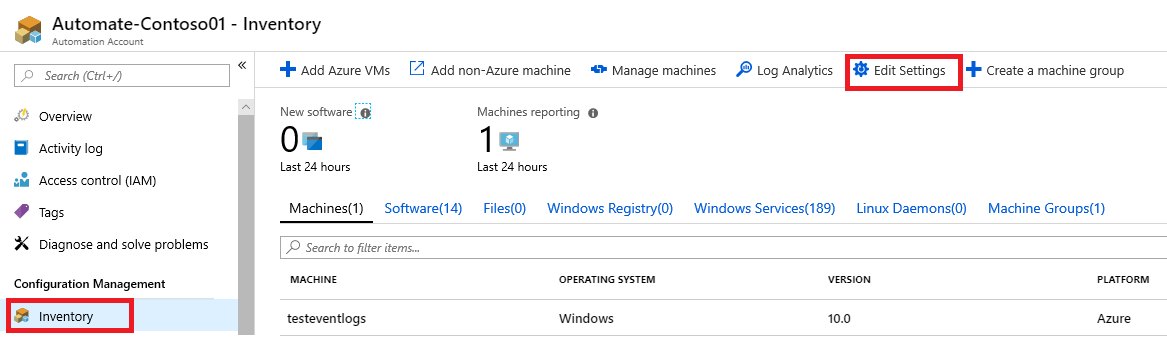 Schermopname van de inventarisweergave van Azure Automation in de Azure Portal.