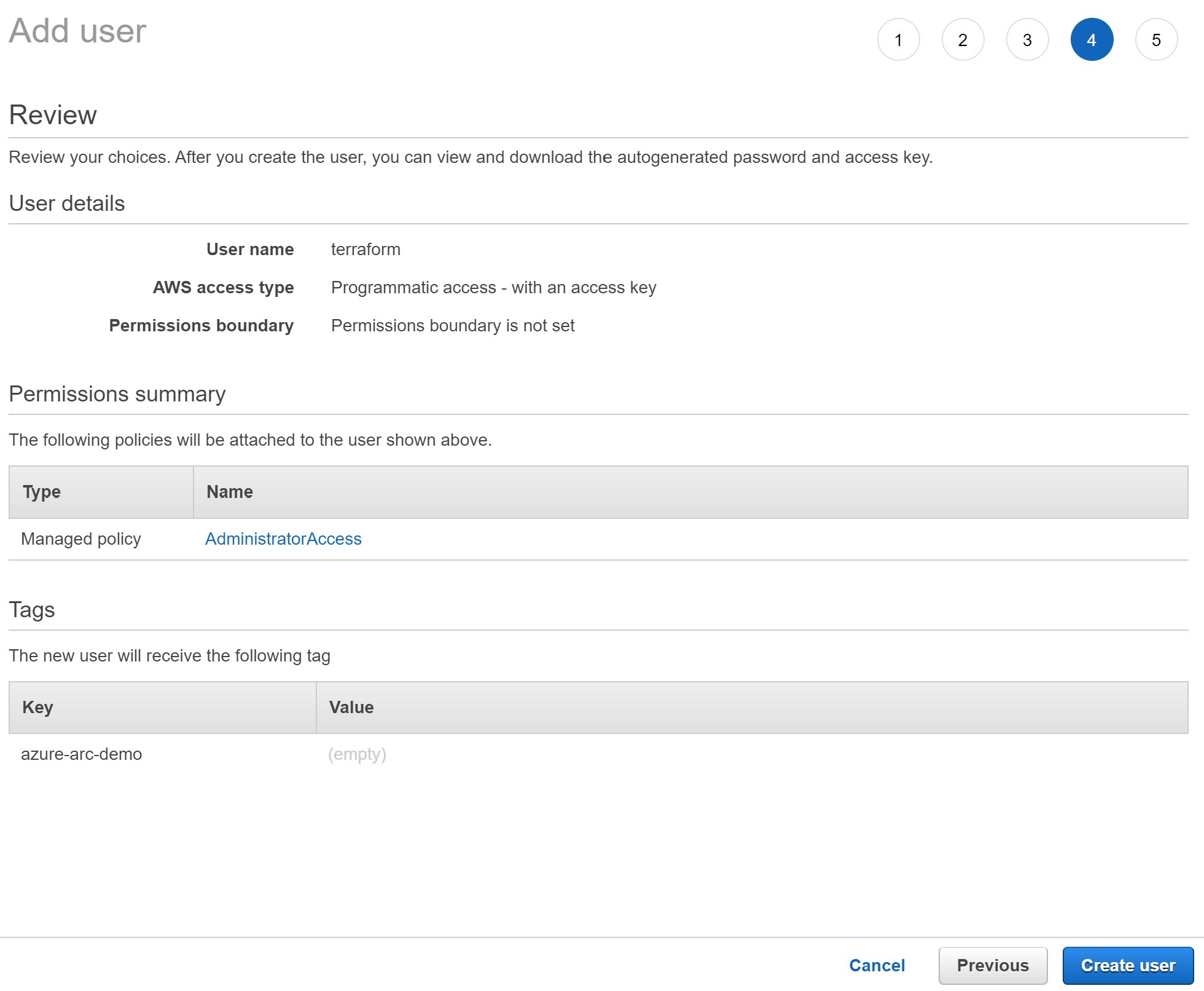 Fourth screenshot of creating a user in an AWS cloud console.